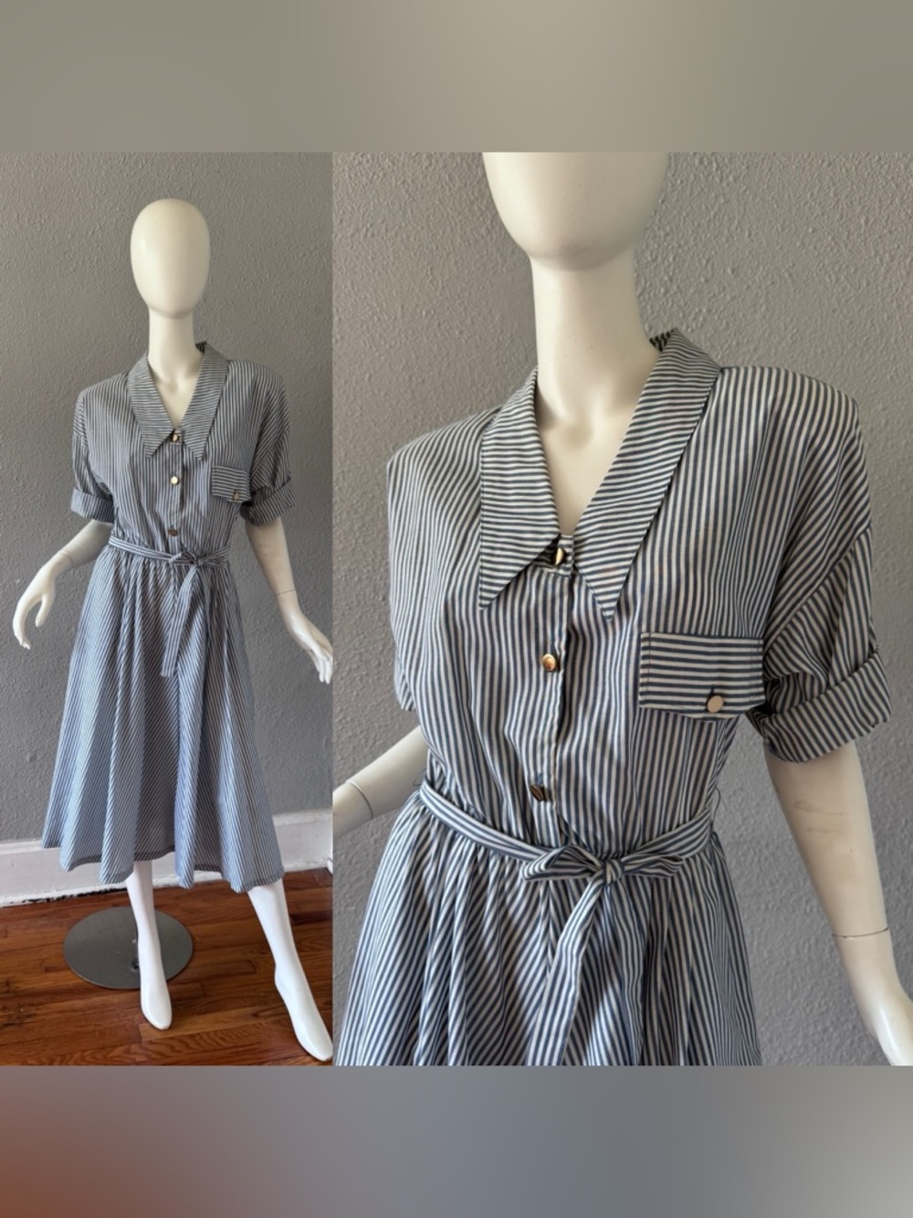Vintage 80s Striped Belt NEIMAN MARCUS Shirtwaist Midi Dress XL
